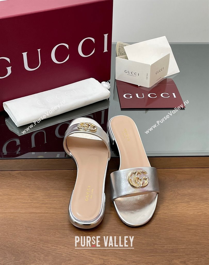 Gucci Leather Flat Slides Sandal with Strass Double G Silver 2025 GG042301 (MD-250423054)