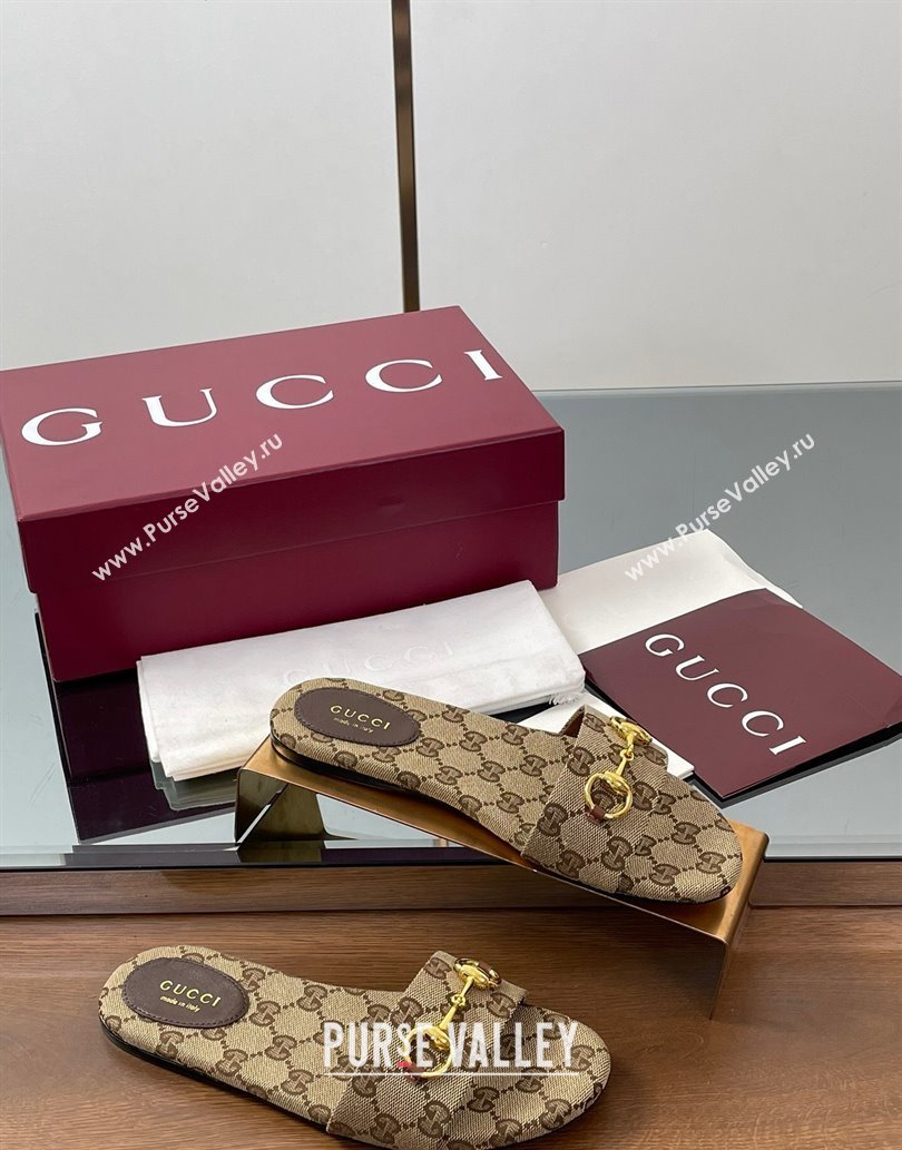 Gucci GG Canvas Flat Slides Sandal with Horsebit Brown 2025 835828 (MD-250609072)