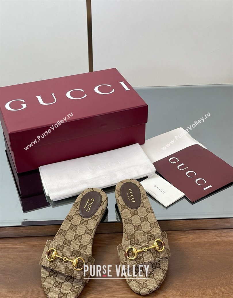 Gucci GG Canvas Flat Slides Sandal with Horsebit Brown 2025 835828 (MD-250609072)