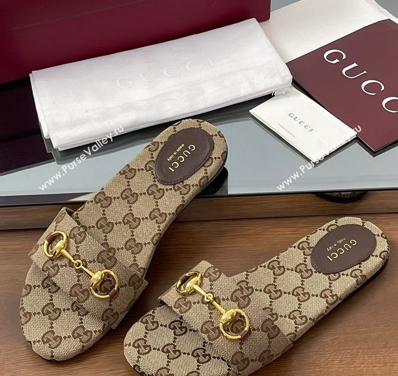 Gucci GG Canvas Flat Slides Sandal with Horsebit Brown 2025 835828 (MD-250609072)