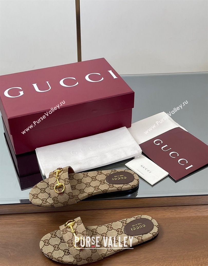 Gucci GG Canvas Flat Slides Sandal with Horsebit Brown 2025 835828 (MD-250609072)