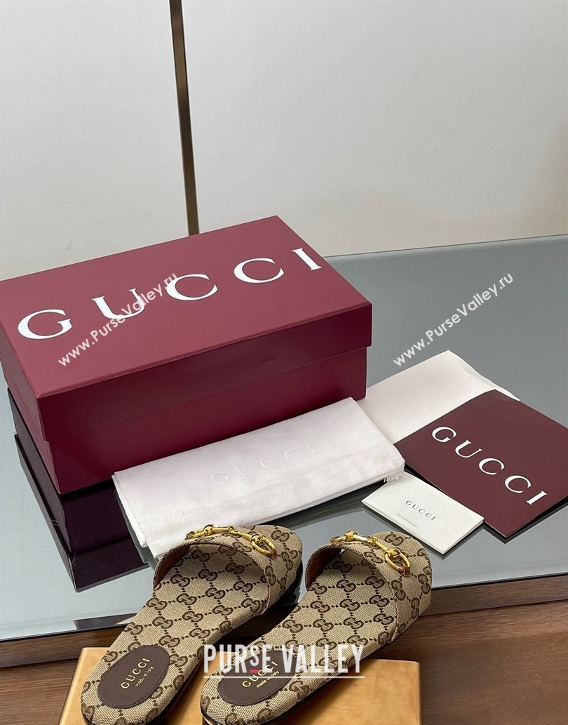 Gucci GG Canvas Flat Slides Sandal with Horsebit Brown 2025 835828 (MD-250609072)