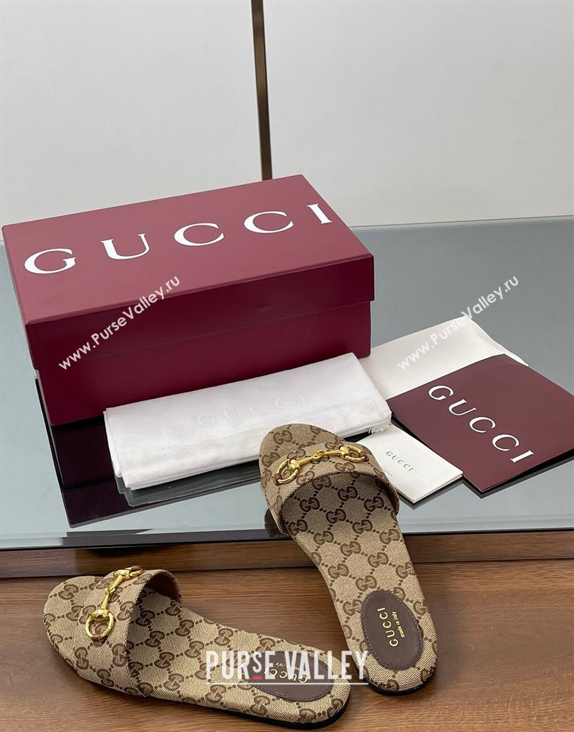 Gucci GG Canvas Flat Slides Sandal with Horsebit Brown 2025 835828 (MD-250609072)