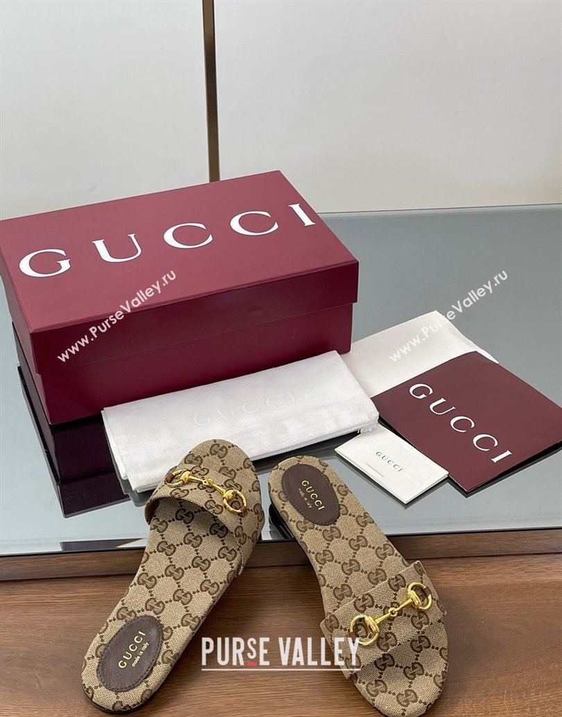 Gucci GG Canvas Flat Slides Sandal with Horsebit Brown 2025 835828 (MD-250609072)