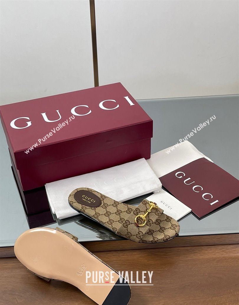 Gucci GG Canvas Flat Slides Sandal with Horsebit Brown 2025 835828 (MD-250609072)