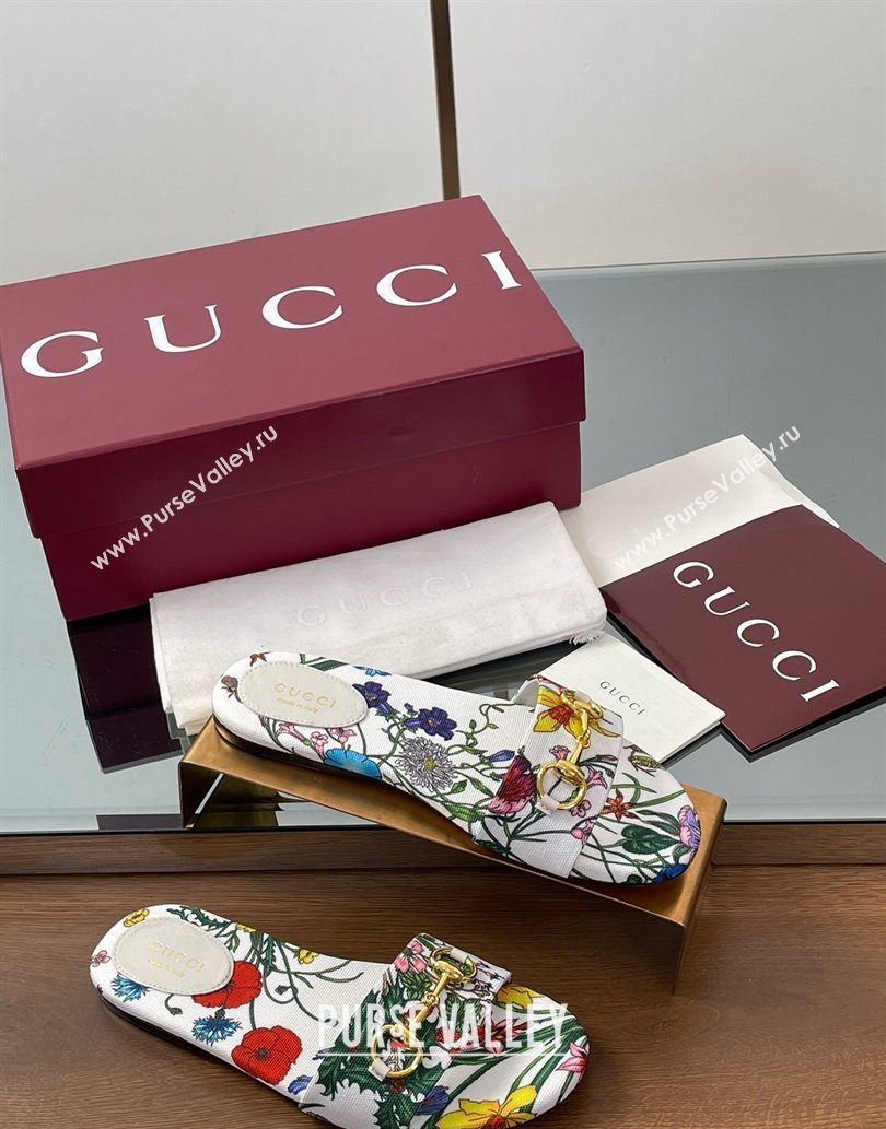 Gucci GG Canvas Flat Slides Sandal with Horsebit and Floral Print White/Multicolored 2025 835828 (MD-250609073)