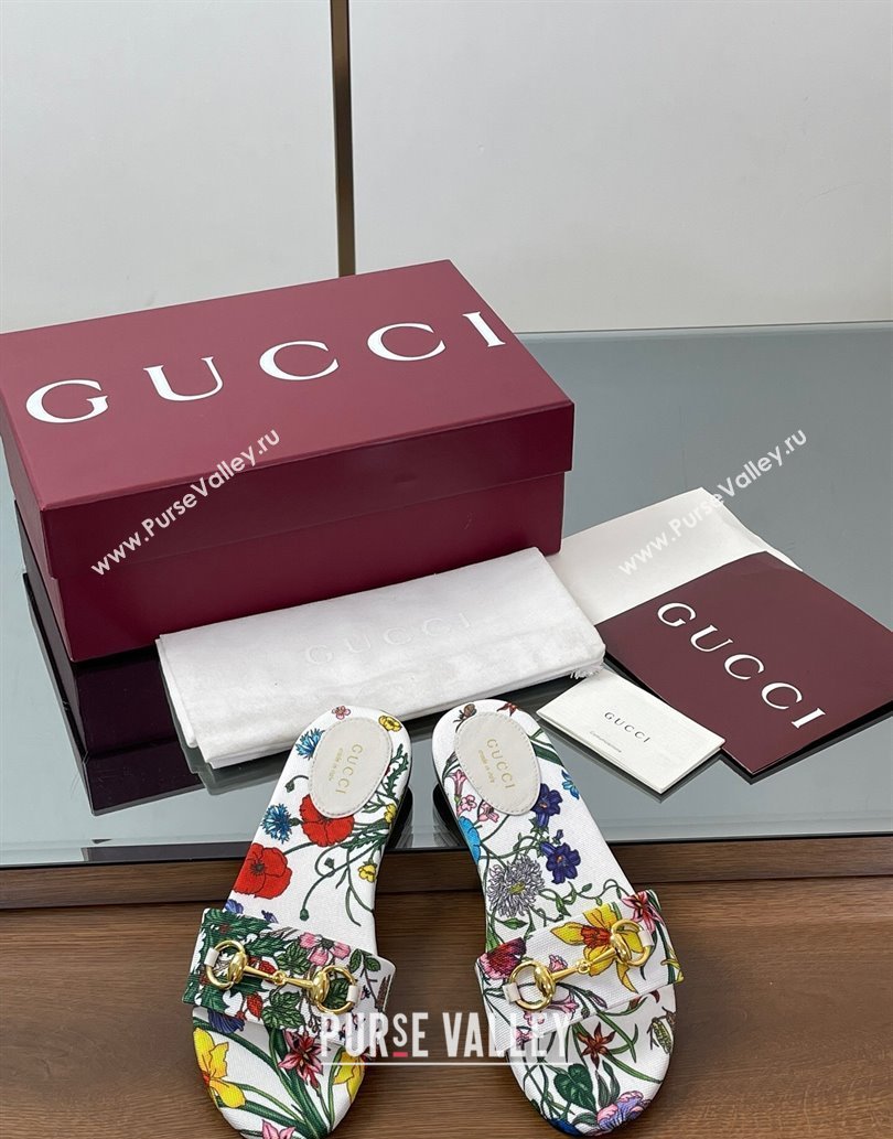 Gucci GG Canvas Flat Slides Sandal with Horsebit and Floral Print White/Multicolored 2025 835828 (MD-250609073)