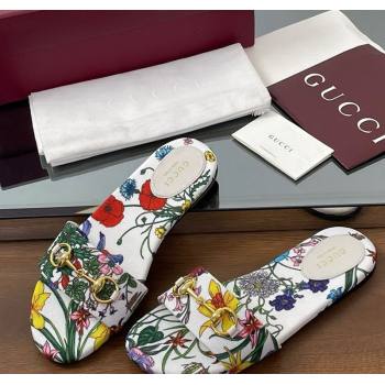 Gucci GG Canvas Flat Slides Sandal with Horsebit and Floral Print White/Multicolored 2025 835828 (MD-250609073)