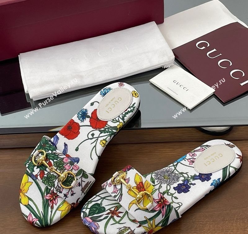 Gucci GG Canvas Flat Slides Sandal with Horsebit and Floral Print White/Multicolored 2025 835828 (MD-250609073)