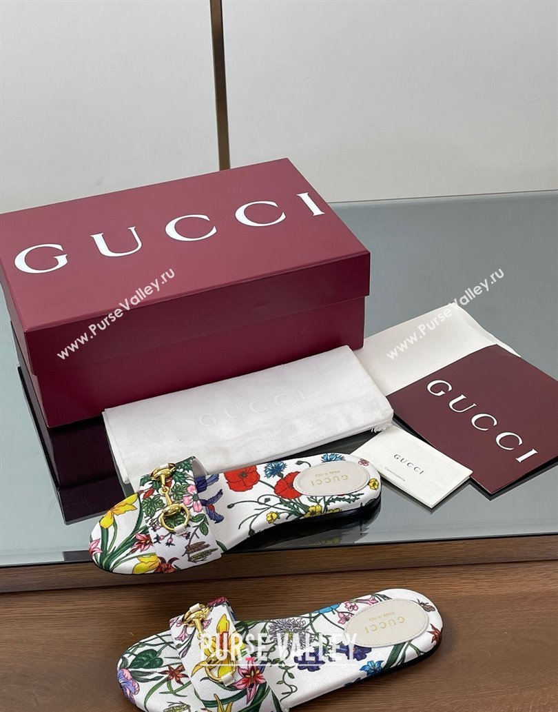 Gucci GG Canvas Flat Slides Sandal with Horsebit and Floral Print White/Multicolored 2025 835828 (MD-250609073)