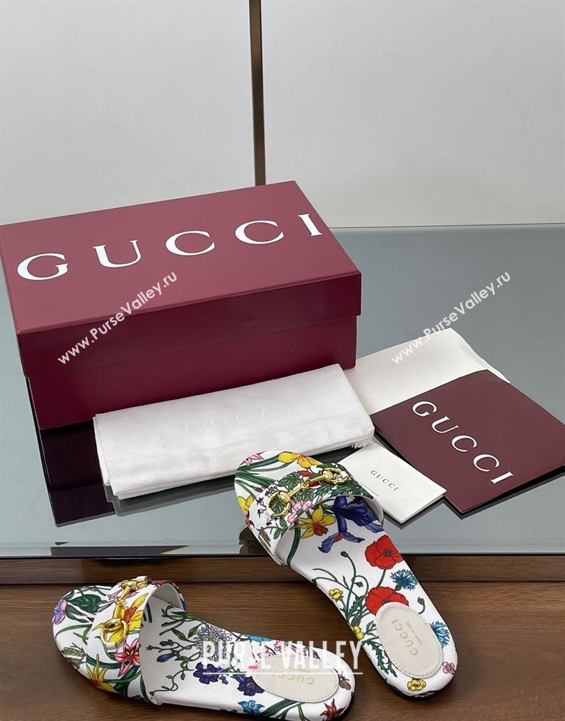 Gucci GG Canvas Flat Slides Sandal with Horsebit and Floral Print White/Multicolored 2025 835828 (MD-250609073)