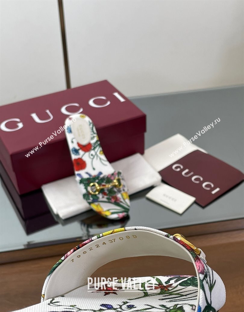 Gucci GG Canvas Flat Slides Sandal with Horsebit and Floral Print White/Multicolored 2025 835828 (MD-250609073)