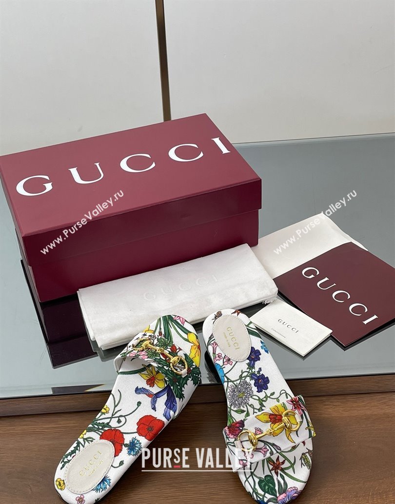 Gucci GG Canvas Flat Slides Sandal with Horsebit and Floral Print White/Multicolored 2025 835828 (MD-250609073)