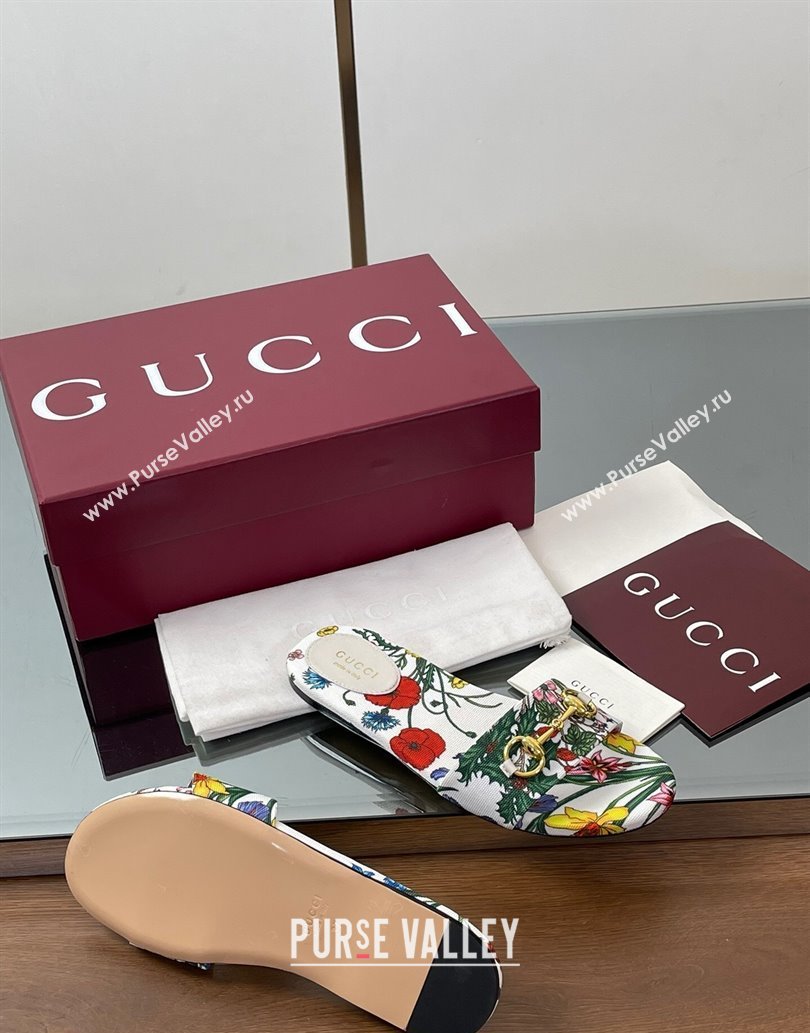 Gucci GG Canvas Flat Slides Sandal with Horsebit and Floral Print White/Multicolored 2025 835828 (MD-250609073)