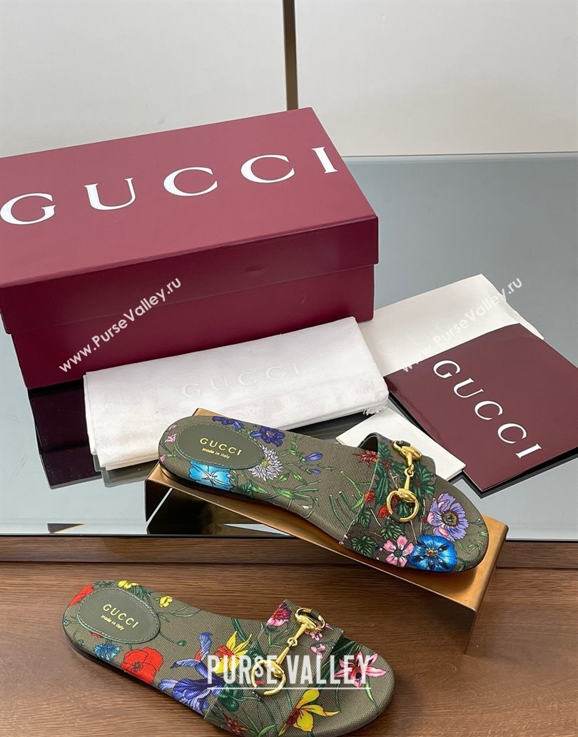 Gucci GG Canvas Flat Slides Sandal with Horsebit and Floral Print Green/Multicolored 2025 835828 (MD-250609074)
