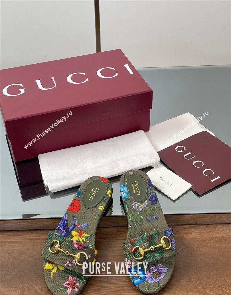 Gucci GG Canvas Flat Slides Sandal with Horsebit and Floral Print Green/Multicolored 2025 835828 (MD-250609074)