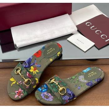 Gucci GG Canvas Flat Slides Sandal with Horsebit and Floral Print Green/Multicolored 2025 835828 (MD-250609074)