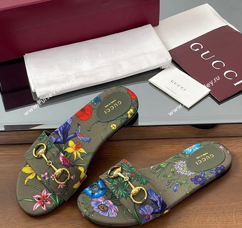 Gucci GG Canvas Flat Slides Sandal with Horsebit and Floral Print Green/Multicolored 2025 835828 (MD-250609074)