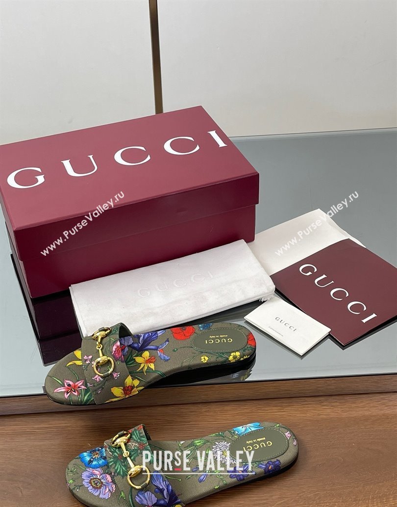 Gucci GG Canvas Flat Slides Sandal with Horsebit and Floral Print Green/Multicolored 2025 835828 (MD-250609074)