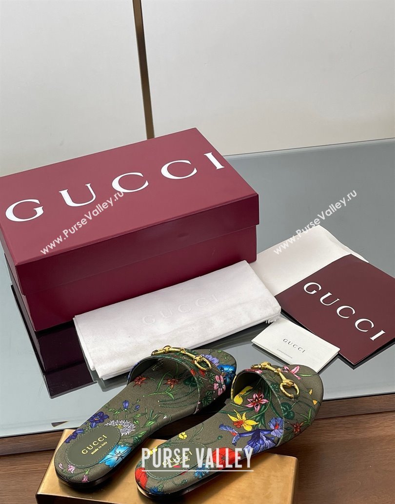 Gucci GG Canvas Flat Slides Sandal with Horsebit and Floral Print Green/Multicolored 2025 835828 (MD-250609074)