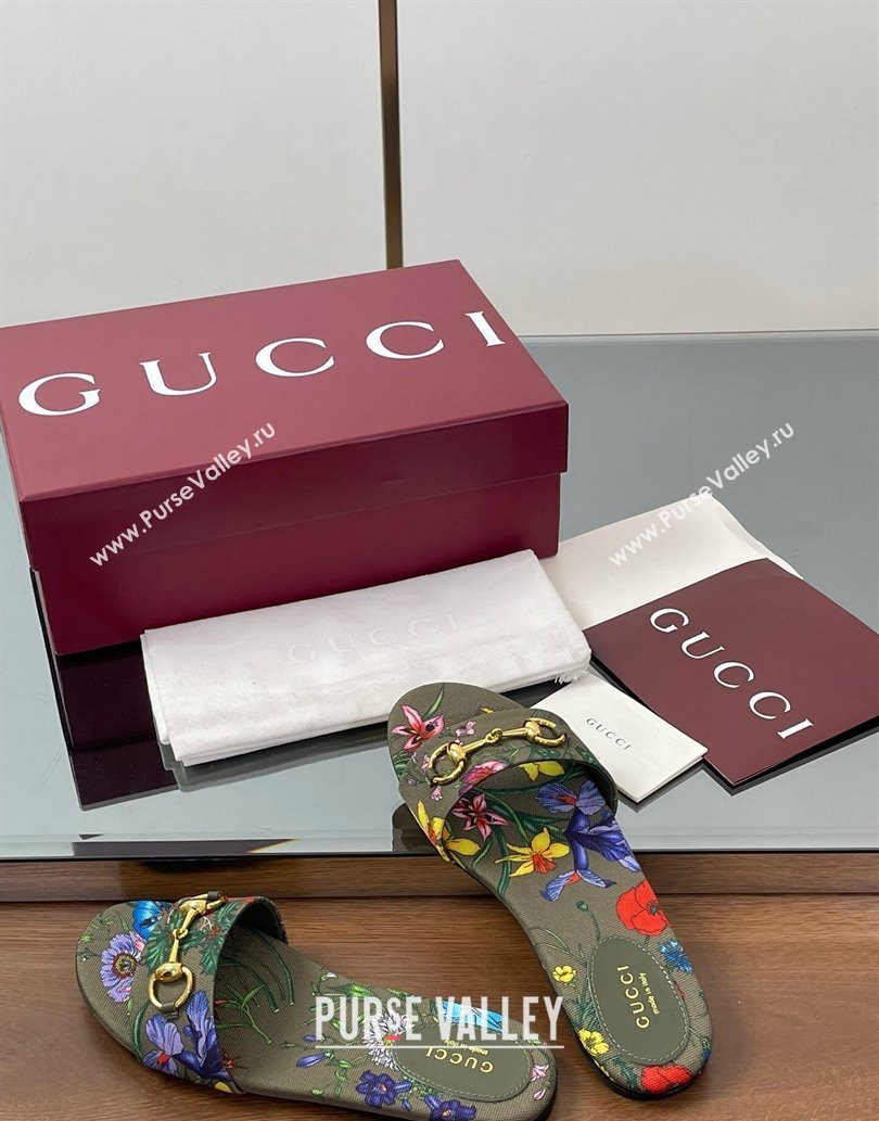 Gucci GG Canvas Flat Slides Sandal with Horsebit and Floral Print Green/Multicolored 2025 835828 (MD-250609074)