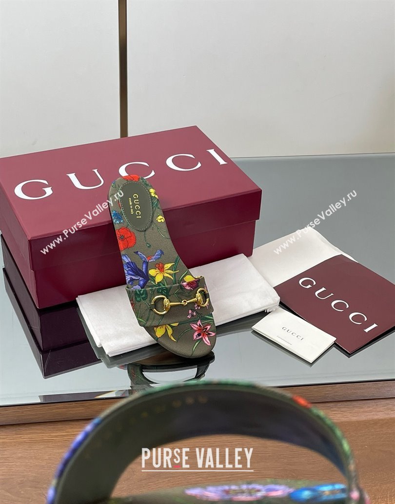 Gucci GG Canvas Flat Slides Sandal with Horsebit and Floral Print Green/Multicolored 2025 835828 (MD-250609074)