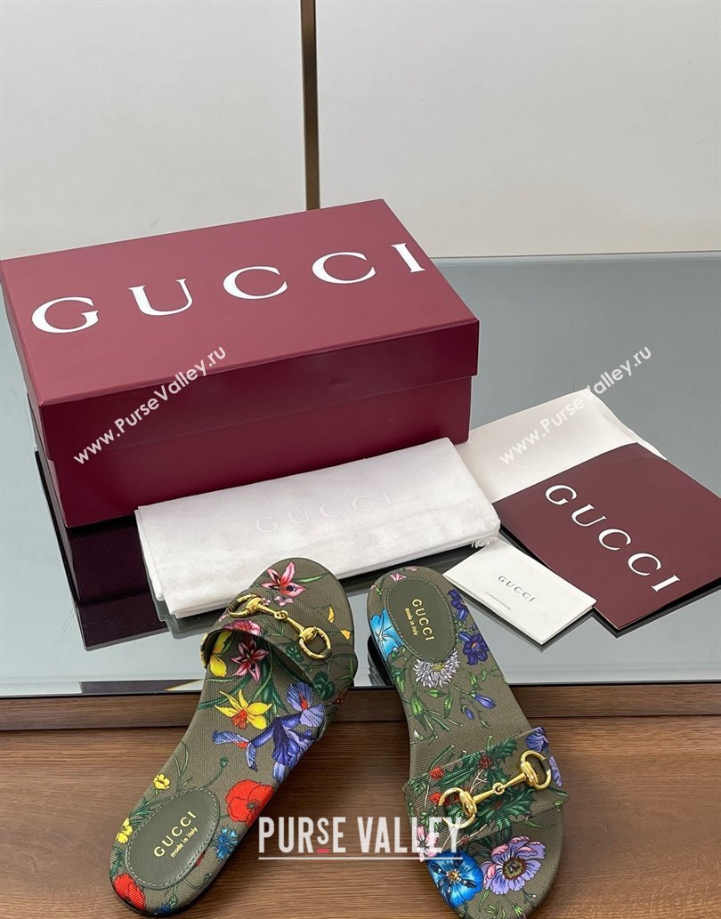 Gucci GG Canvas Flat Slides Sandal with Horsebit and Floral Print Green/Multicolored 2025 835828 (MD-250609074)