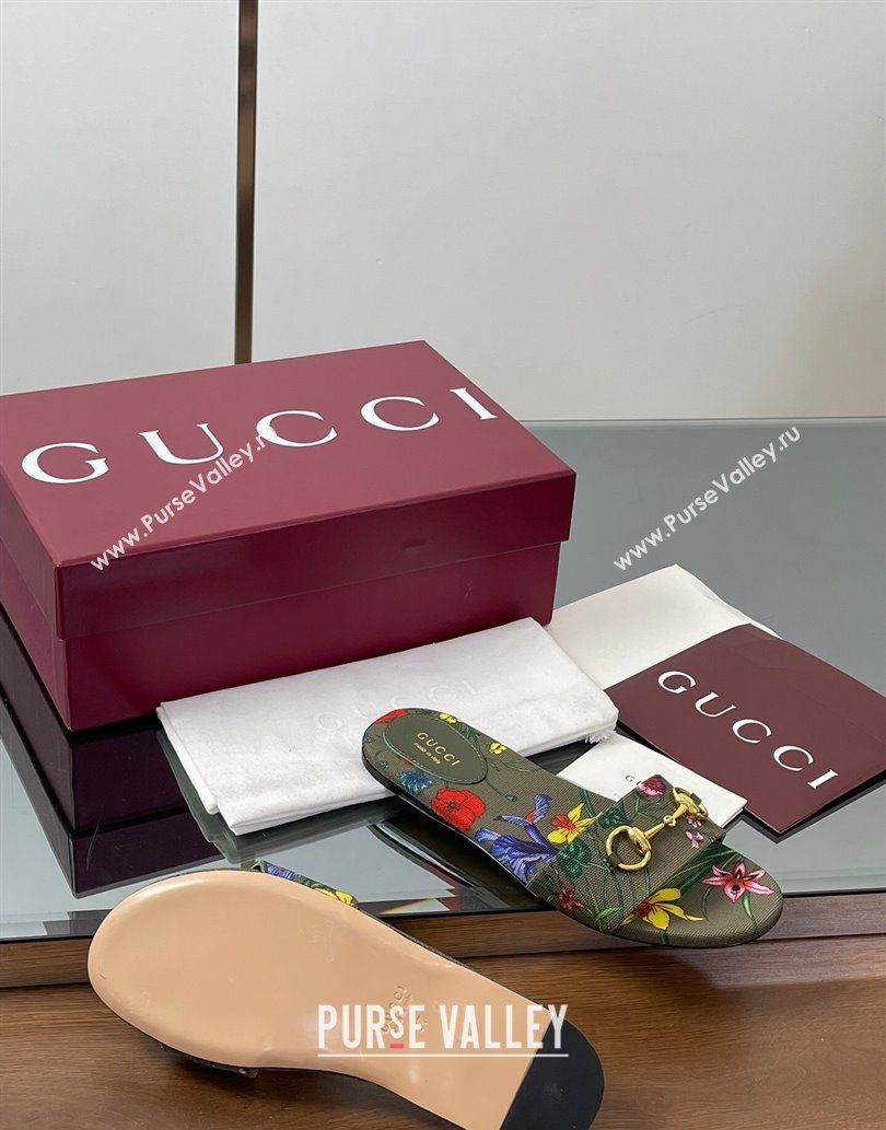 Gucci GG Canvas Flat Slides Sandal with Horsebit and Floral Print Green/Multicolored 2025 835828 (MD-250609074)