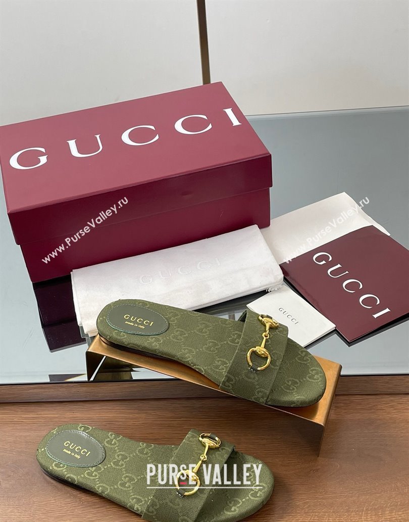 Gucci GG Canvas Flat Slides Sandal with Horsebit Dark Green 2025 835828 (MD-250609075)