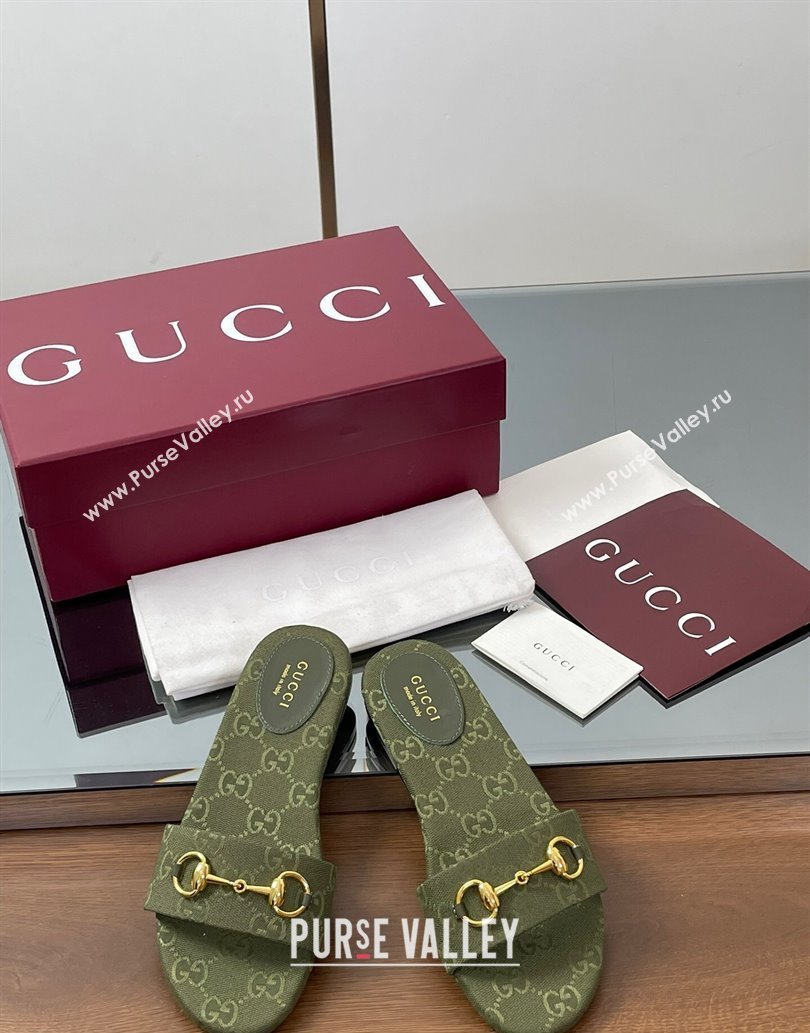 Gucci GG Canvas Flat Slides Sandal with Horsebit Dark Green 2025 835828 (MD-250609075)