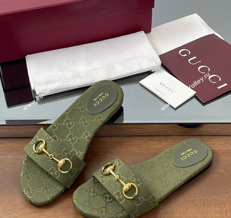 Gucci GG Canvas Flat Slides Sandal with Horsebit Dark Green 2025 835828 (MD-250609075)