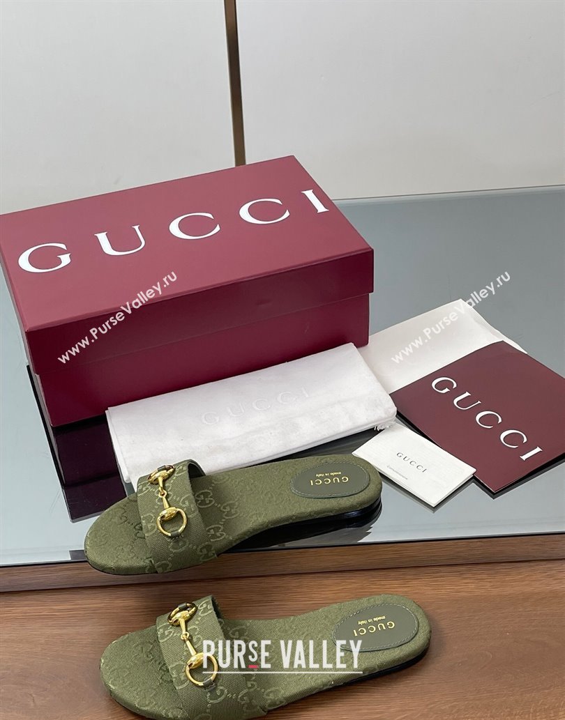 Gucci GG Canvas Flat Slides Sandal with Horsebit Dark Green 2025 835828 (MD-250609075)