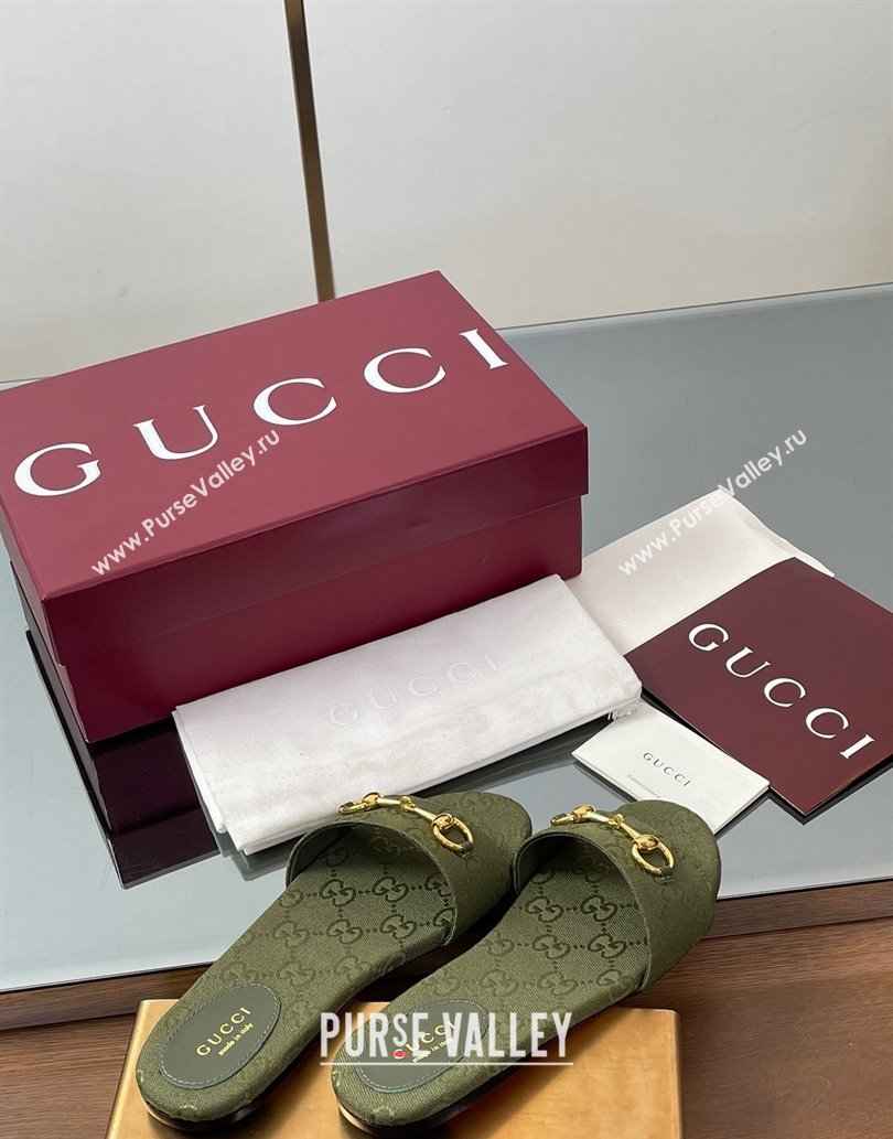 Gucci GG Canvas Flat Slides Sandal with Horsebit Dark Green 2025 835828 (MD-250609075)
