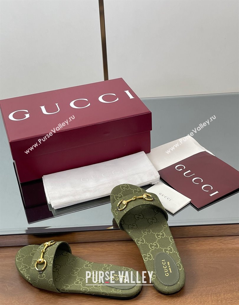 Gucci GG Canvas Flat Slides Sandal with Horsebit Dark Green 2025 835828 (MD-250609075)