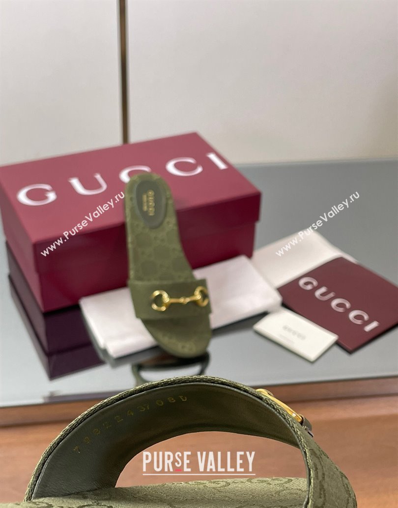 Gucci GG Canvas Flat Slides Sandal with Horsebit Dark Green 2025 835828 (MD-250609075)