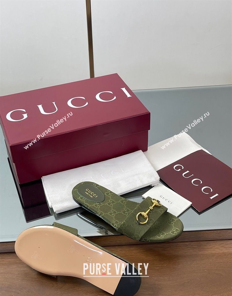 Gucci GG Canvas Flat Slides Sandal with Horsebit Dark Green 2025 835828 (MD-250609075)