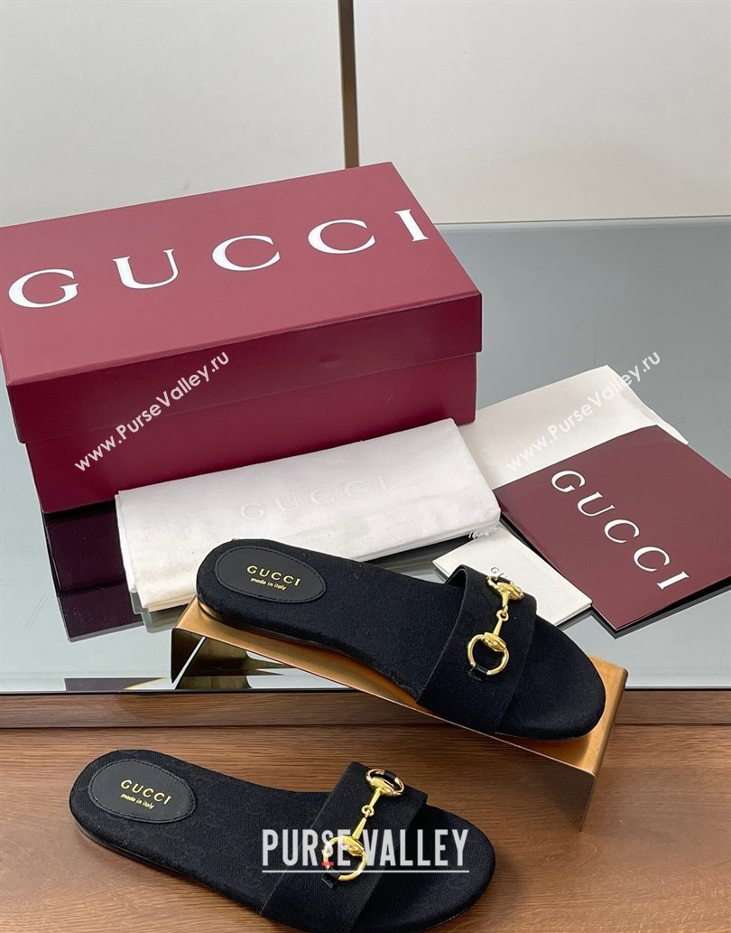 Gucci GG Canvas Flat Slides Sandal with Horsebit Black 2025 835828 (MD-250609078)