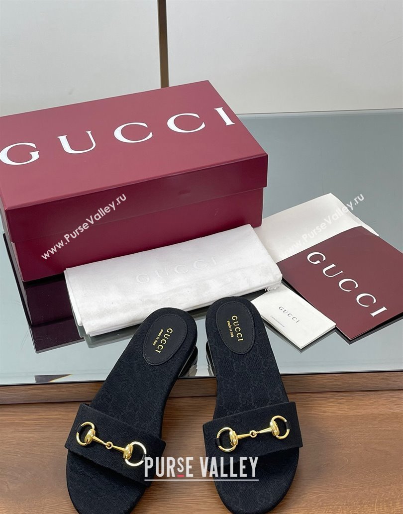 Gucci GG Canvas Flat Slides Sandal with Horsebit Black 2025 835828 (MD-250609078)