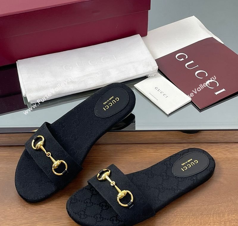 Gucci GG Canvas Flat Slides Sandal with Horsebit Black 2025 835828 (MD-250609078)