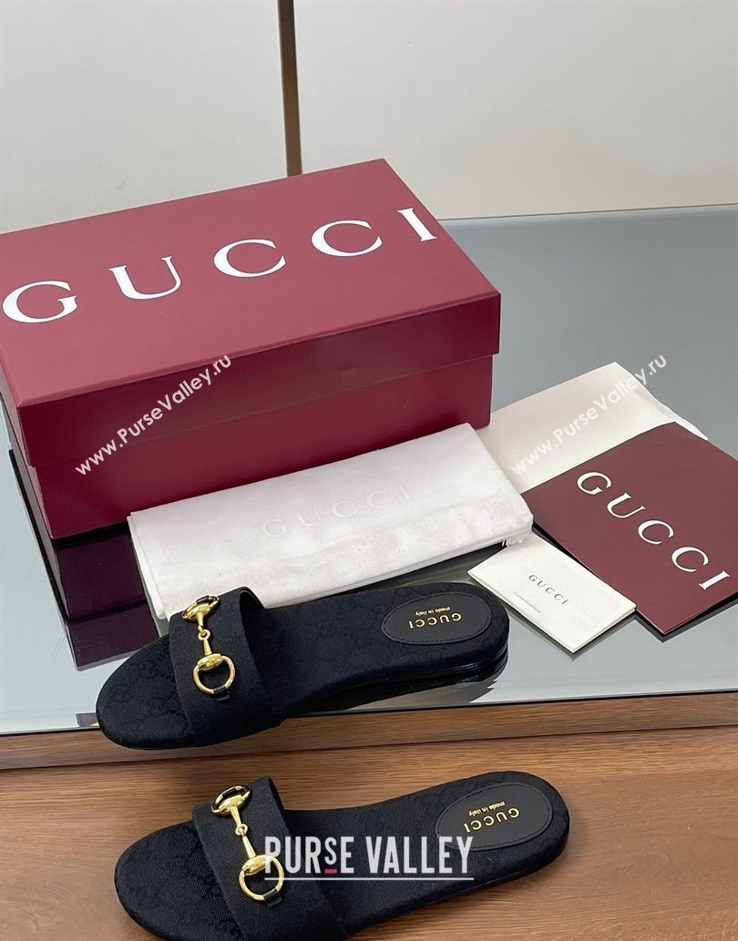 Gucci GG Canvas Flat Slides Sandal with Horsebit Black 2025 835828 (MD-250609078)