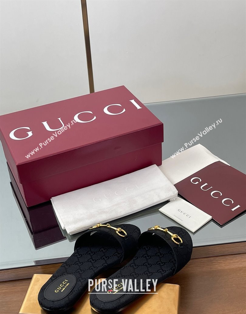 Gucci GG Canvas Flat Slides Sandal with Horsebit Black 2025 835828 (MD-250609078)