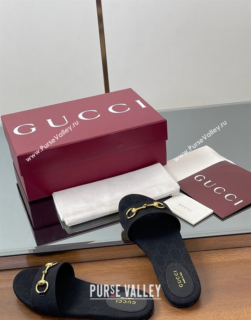Gucci GG Canvas Flat Slides Sandal with Horsebit Black 2025 835828 (MD-250609078)