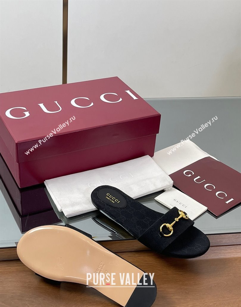 Gucci GG Canvas Flat Slides Sandal with Horsebit Black 2025 835828 (MD-250609078)