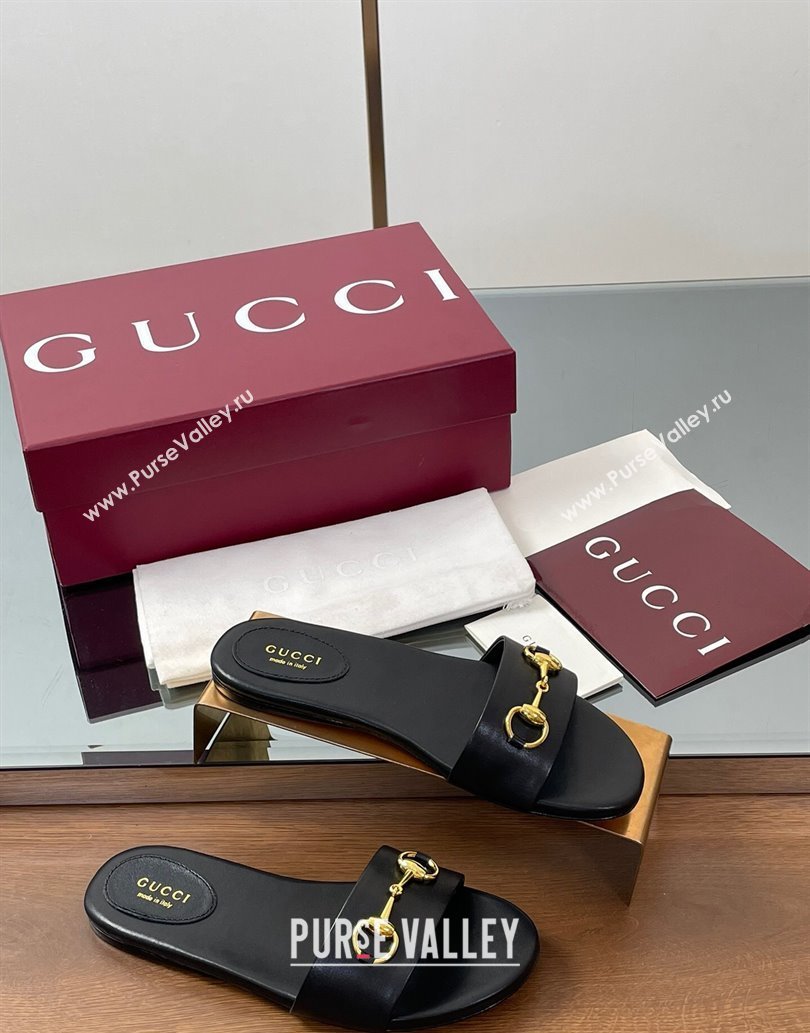 Gucci Calf Leather Flat Slides Sandal with Horsebit Black 2025 835828 (MD-250609079)