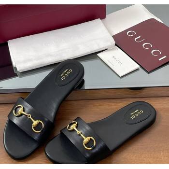 Gucci Calf Leather Flat Slides Sandal with Horsebit Black 2025 835828 (MD-250609079)