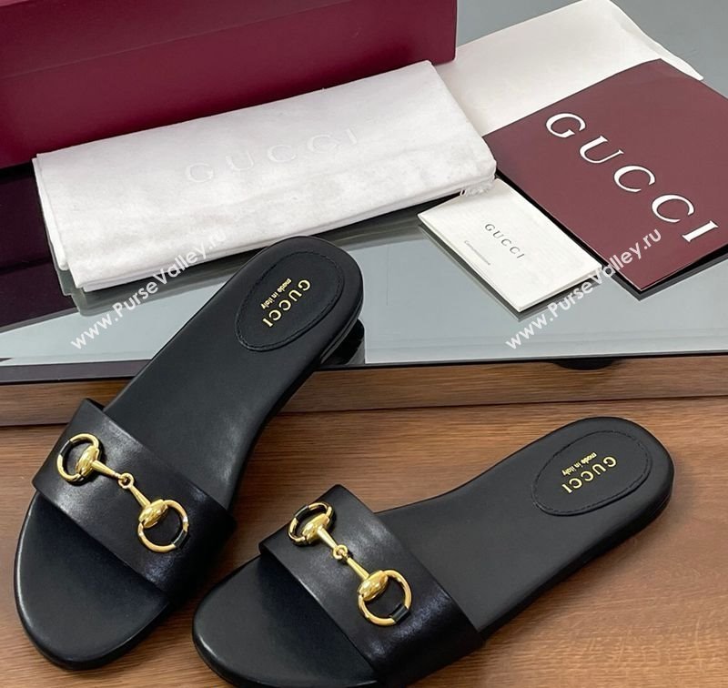Gucci Calf Leather Flat Slides Sandal with Horsebit Black 2025 835828 (MD-250609079)