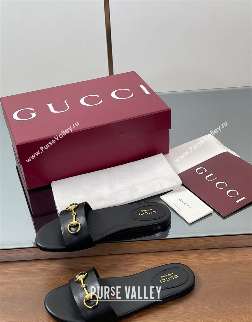 Gucci Calf Leather Flat Slides Sandal with Horsebit Black 2025 835828 (MD-250609079)