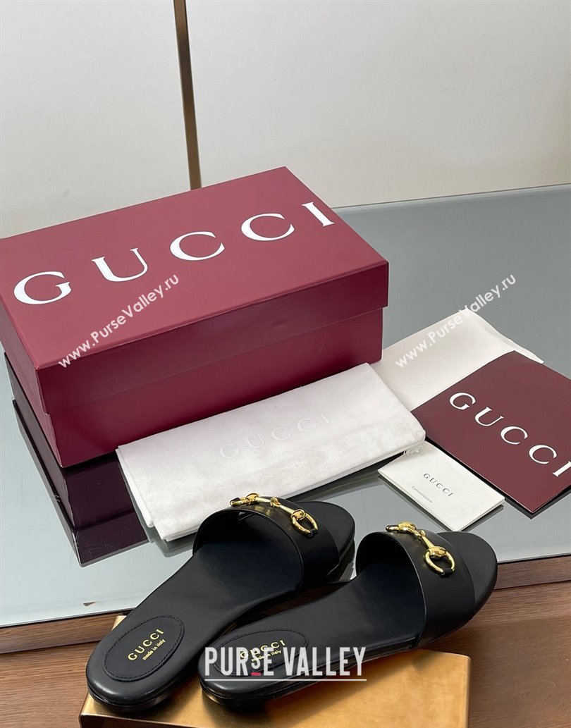 Gucci Calf Leather Flat Slides Sandal with Horsebit Black 2025 835828 (MD-250609079)