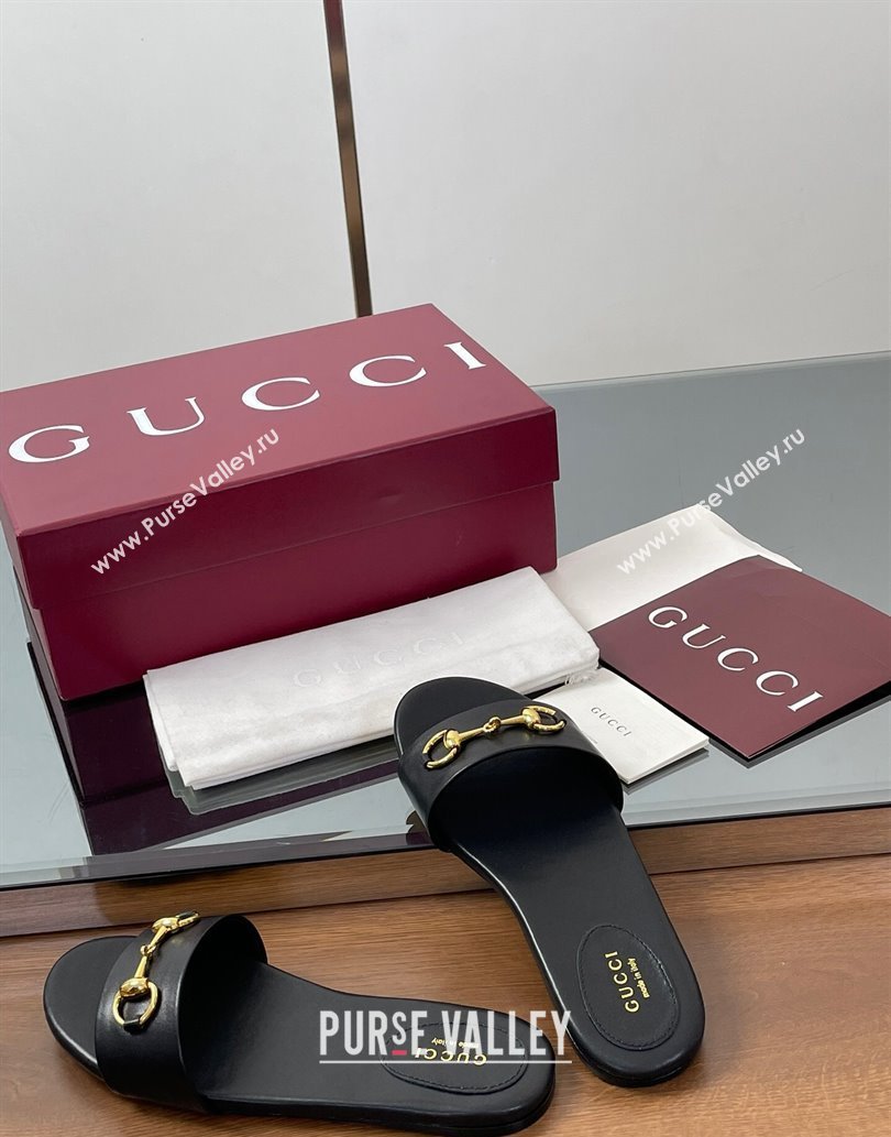 Gucci Calf Leather Flat Slides Sandal with Horsebit Black 2025 835828 (MD-250609079)