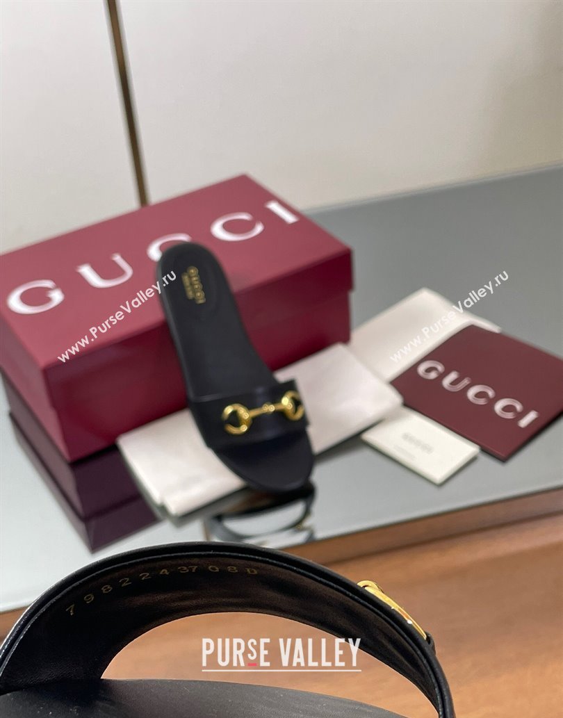 Gucci Calf Leather Flat Slides Sandal with Horsebit Black 2025 835828 (MD-250609079)